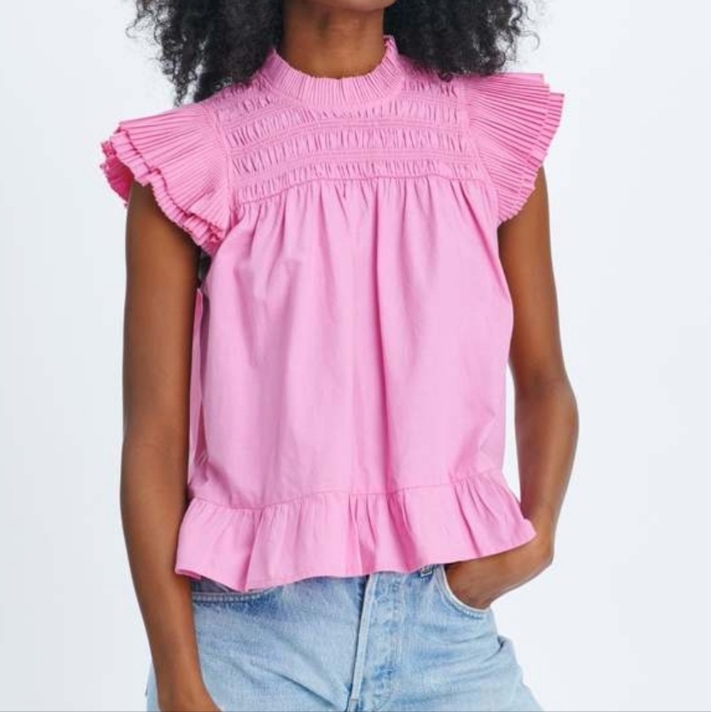 Anthropology Love The Label Women's Pink Poppy High-Neck Ruffle Blouse Top